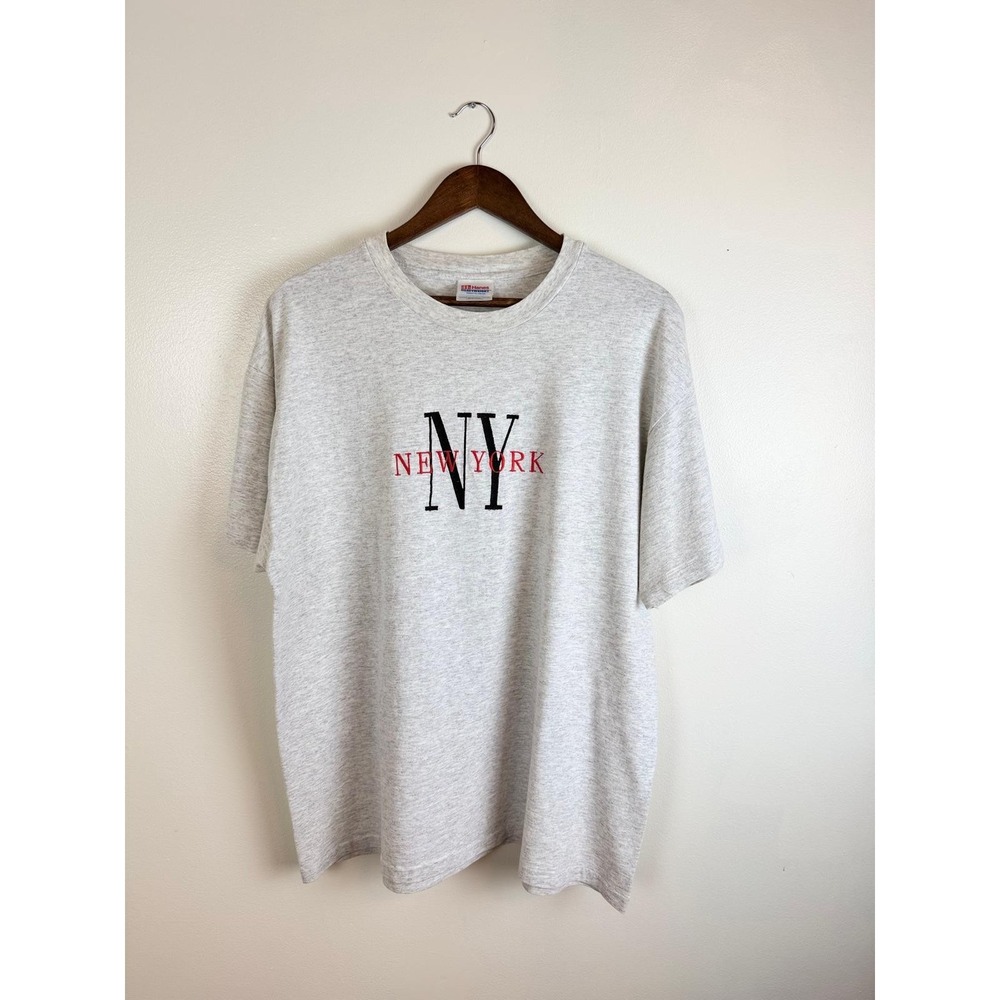 VTG Hanes Made USA T-Shirt XL White New York Embroidered Single Stitch 90's